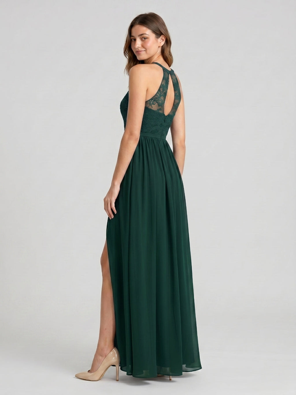 Forest Green Lace A-Line Scoop Neck Keyhole Back Floor-Length Bridesmaid Dress with Pleating - Curvevia