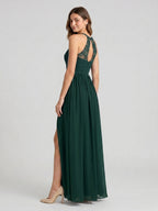 Forest Green Lace A-Line Scoop Neck Keyhole Back Floor-Length Bridesmaid Dress with Pleating - Curvevia