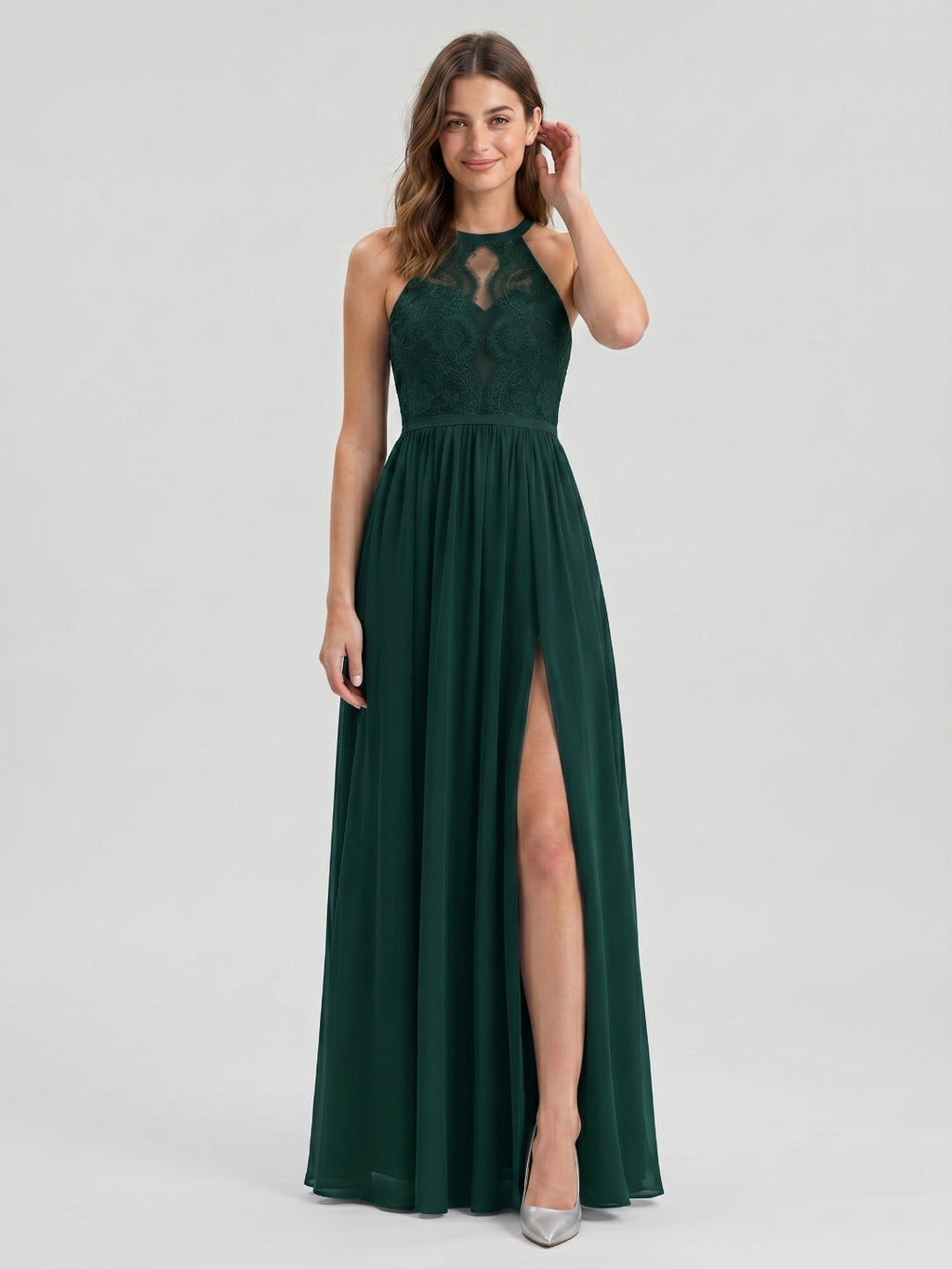 Forest Green Lace A-Line Scoop Neck Keyhole Back Floor-Length Bridesmaid Dress with Pleating - Curvevia