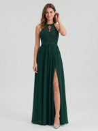 Forest Green Lace A-Line Scoop Neck Keyhole Back Floor-Length Bridesmaid Dress with Pleating - Curvevia