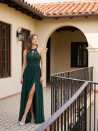 Forest Green Lace A-Line Scoop Neck Keyhole Back Floor-Length Bridesmaid Dress with Pleating - Curvevia