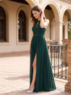 Forest Green Lace A-Line Scoop Neck Keyhole Back Floor-Length Bridesmaid Dress with Pleating - Curvevia