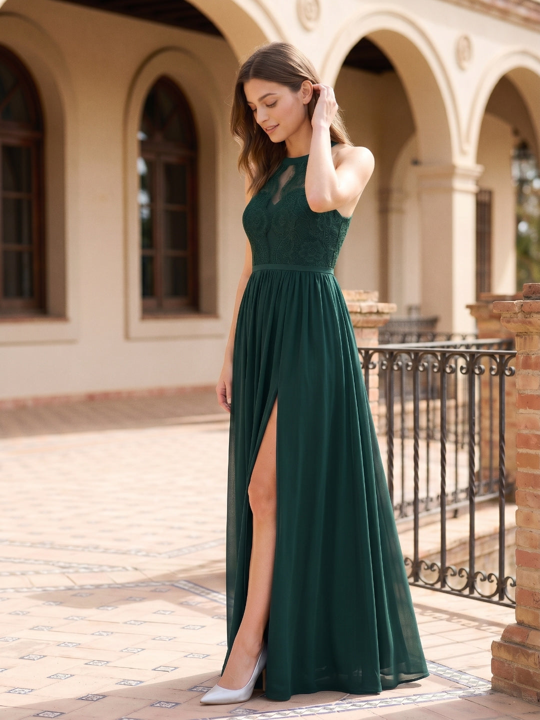 Forest Green Lace A-Line Scoop Neck Keyhole Back Floor-Length Bridesmaid Dress with Pleating - Curvevia
