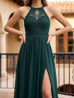 Forest Green Lace A-Line Scoop Neck Keyhole Back Floor-Length Bridesmaid Dress with Pleating - Curvevia
