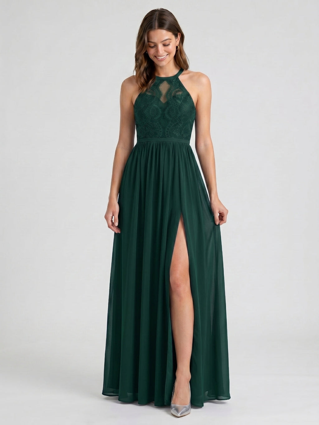 Forest Green Lace A-Line Scoop Neck Keyhole Back Floor-Length Bridesmaid Dress with Pleating - Curvevia