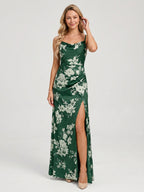 Forest Green Matte Satin A-Line Cowl Neck Back Zip Floor-Length Bridesmaid Dress with Pleating - Curvevia