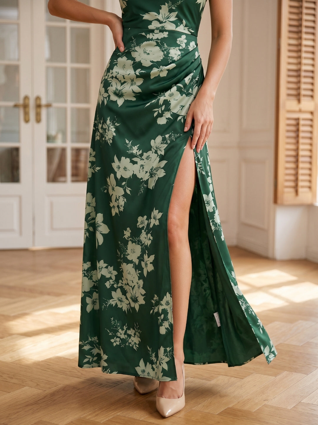 Forest Green Matte Satin A-Line Cowl Neck Back Zip Floor-Length Bridesmaid Dress with Pleating - Curvevia