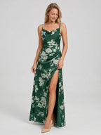 Forest Green Matte Satin A-Line Cowl Neck Back Zip Floor-Length Bridesmaid Dress with Pleating - Curvevia