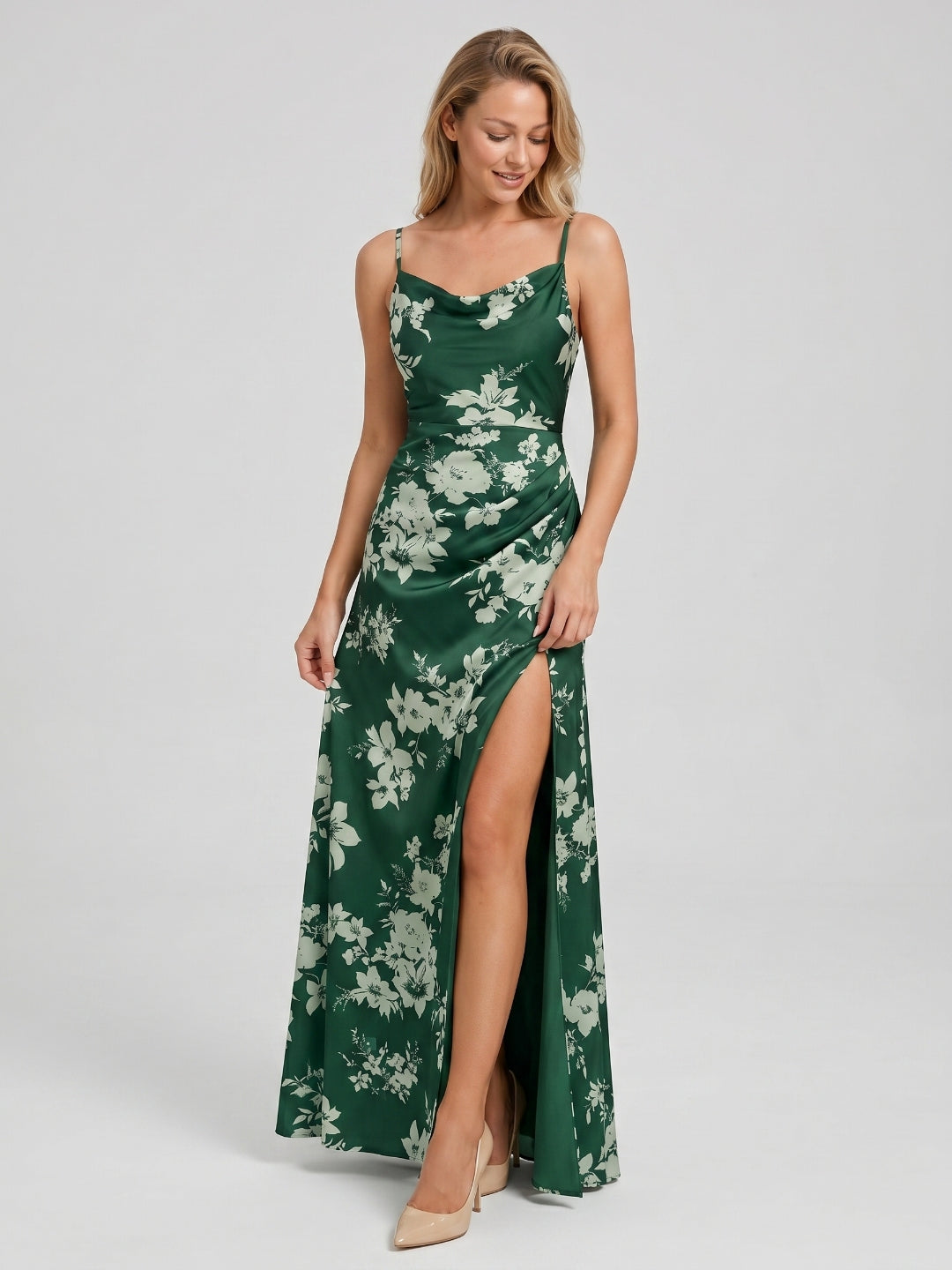 Forest Green Matte Satin A-Line Cowl Neck Back Zip Floor-Length Bridesmaid Dress with Pleating - Curvevia