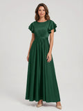 Forest Green Matte Satin A-Line Scoop Neck Back Zip Floor-Length Bridesmaid Dress with Ruffles - Curvevia