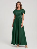 Forest Green Matte Satin A-Line Scoop Neck Back Zip Floor-Length Bridesmaid Dress with Ruffles - Curvevia