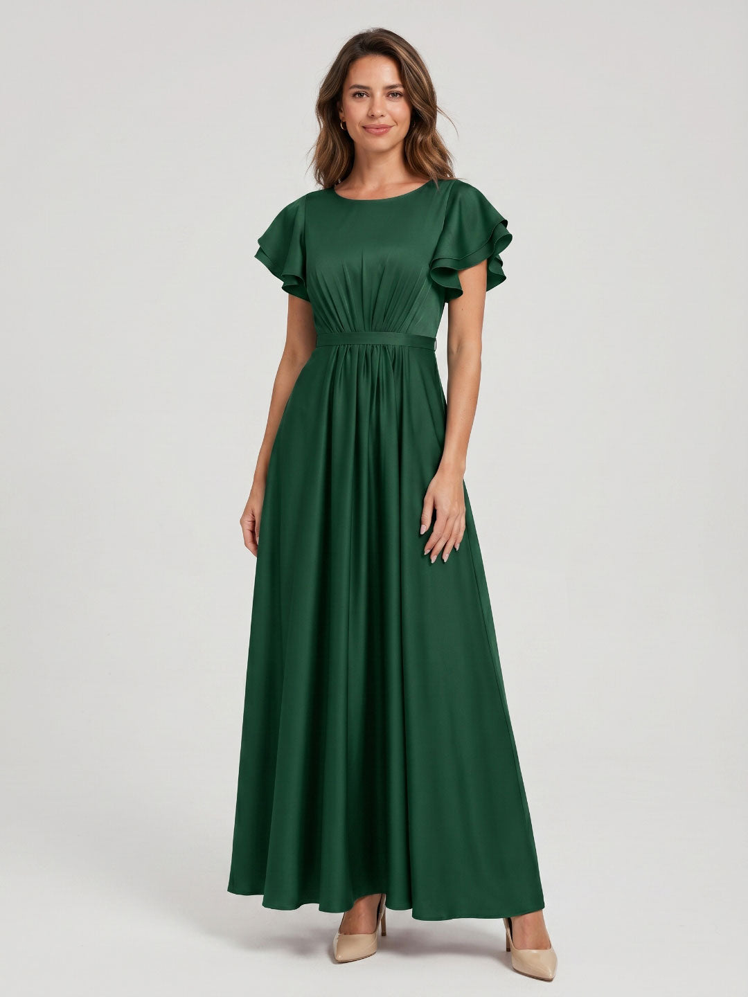 Forest Green Matte Satin A-Line Scoop Neck Back Zip Floor-Length Bridesmaid Dress with Ruffles - Curvevia