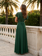 Forest Green Matte Satin A-Line Scoop Neck Back Zip Floor-Length Bridesmaid Dress with Ruffles - Curvevia