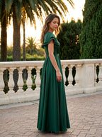 Forest Green Matte Satin A-Line Scoop Neck Back Zip Floor-Length Bridesmaid Dress with Ruffles - Curvevia
