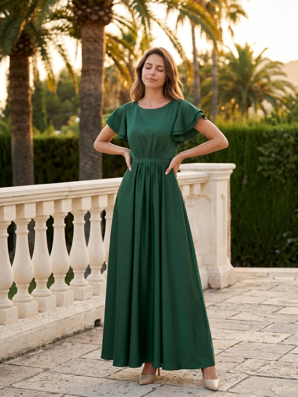 Forest Green Matte Satin A-Line Scoop Neck Back Zip Floor-Length Bridesmaid Dress with Ruffles - Curvevia