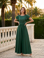 Forest Green Matte Satin A-Line Scoop Neck Back Zip Floor-Length Bridesmaid Dress with Ruffles - Curvevia