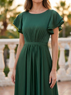 Forest Green Matte Satin A-Line Scoop Neck Back Zip Floor-Length Bridesmaid Dress with Ruffles - Curvevia