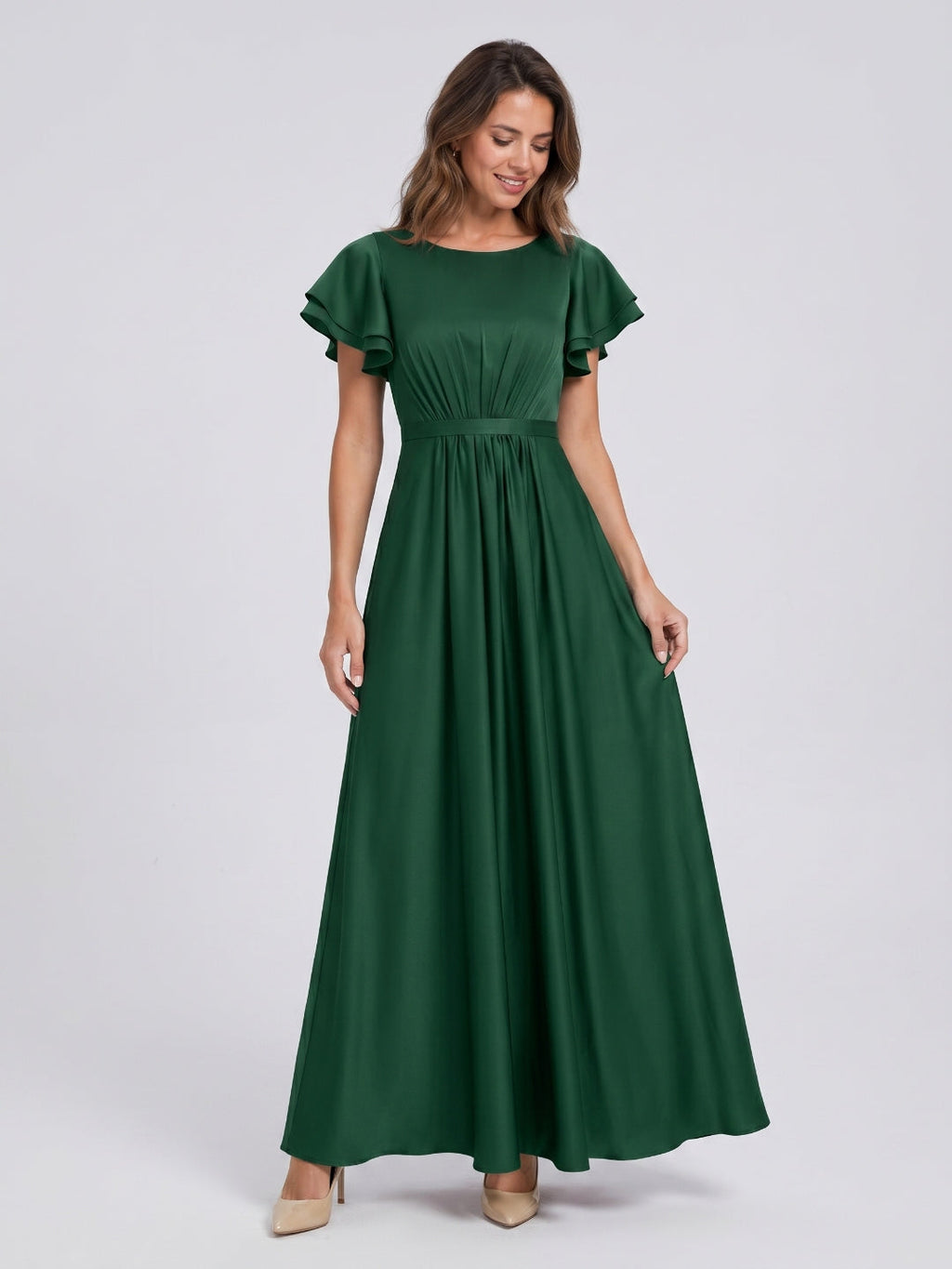 Forest Green Matte Satin A-Line Scoop Neck Back Zip Floor-Length Bridesmaid Dress with Ruffles - Curvevia