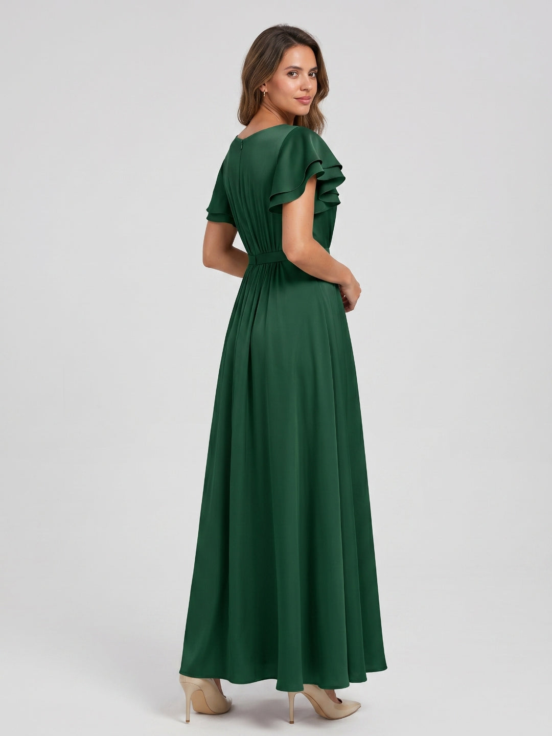 Forest Green Matte Satin A-Line Scoop Neck Back Zip Floor-Length Bridesmaid Dress with Ruffles - Curvevia