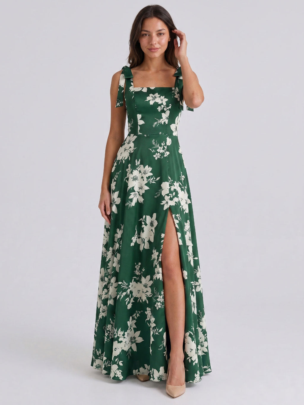 Forest Green Matte Satin A-Line Square Neck Back Zip Floor-Length Bridesmaid Dress with Bow - Curvevia