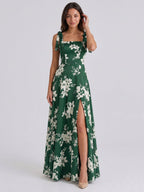 Forest Green Matte Satin A-Line Square Neck Back Zip Floor-Length Bridesmaid Dress with Bow - Curvevia