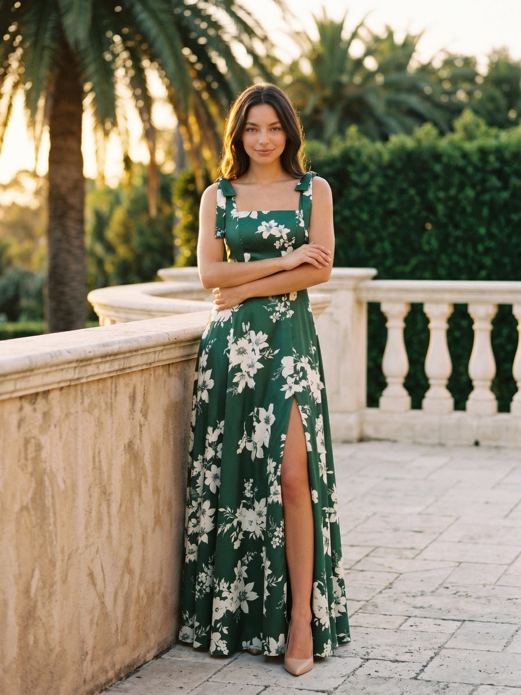 Forest Green Matte Satin A-Line Square Neck Back Zip Floor-Length Bridesmaid Dress with Bow - Curvevia