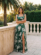 Forest Green Matte Satin A-Line Square Neck Back Zip Floor-Length Bridesmaid Dress with Bow - Curvevia
