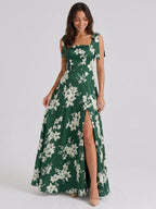 Forest Green Matte Satin A-Line Square Neck Back Zip Floor-Length Bridesmaid Dress with Bow - Curvevia