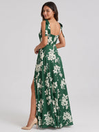 Forest Green Matte Satin A-Line Square Neck Back Zip Floor-Length Bridesmaid Dress with Bow - Curvevia