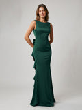 Forest Green Matte Satin Sheath Scoop Neck Side Zip Floor-Length Dress with Bow - Curvevia