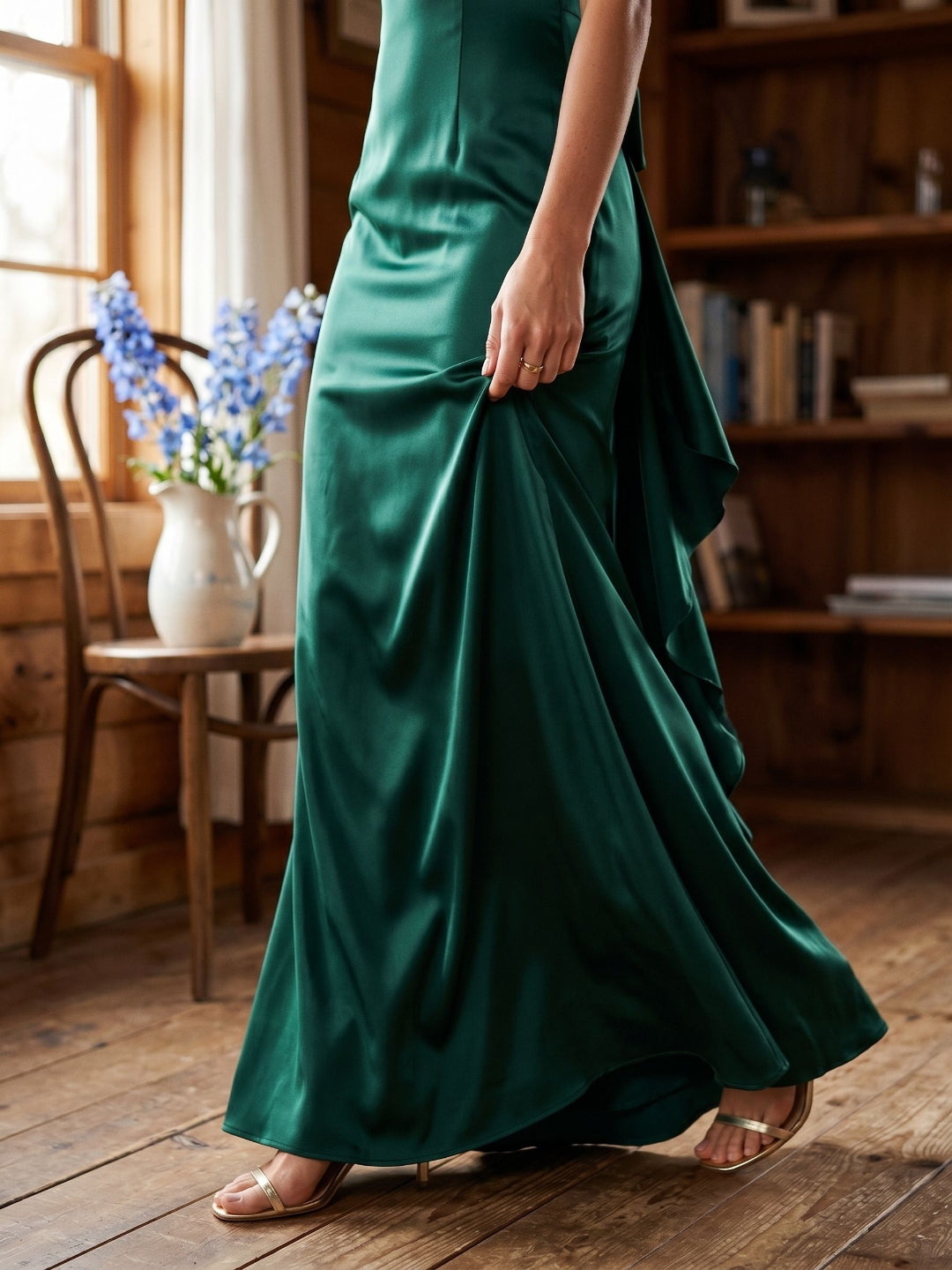 Forest Green Matte Satin Sheath Scoop Neck Side Zip Floor-Length Dress with Bow - Curvevia