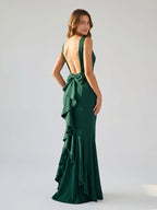 Forest Green Matte Satin Sheath Scoop Neck Side Zip Floor-Length Dress with Bow - Curvevia