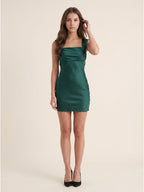 Forest Green Matte Satin Sheath Square Neck Lace-Up Back Mini Homecoming Dress - Curvevia