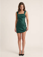 Forest Green Matte Satin Sheath Square Neck Lace-Up Back Mini Homecoming Dress - Curvevia