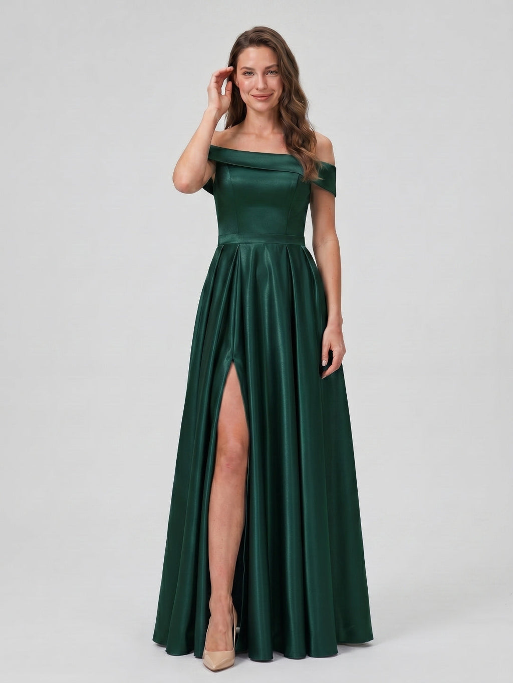 Forest Green Satin A-Line Off-the-Shoulder Back Zip Floor-Length Bridesmaid Dress with Pleating - Curvevia