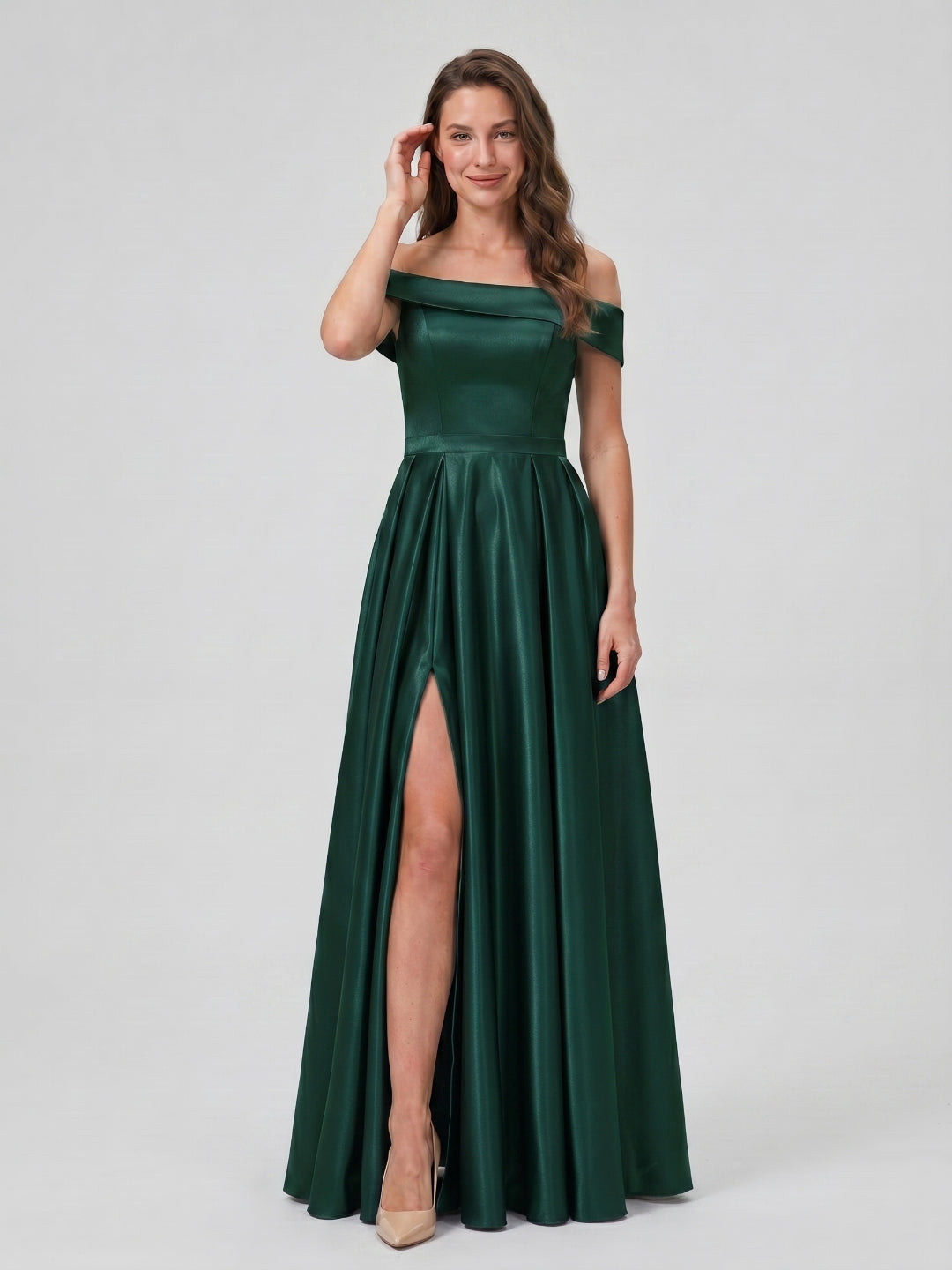 Forest Green Satin A-Line Off-the-Shoulder Back Zip Floor-Length Bridesmaid Dress with Pleating - Curvevia