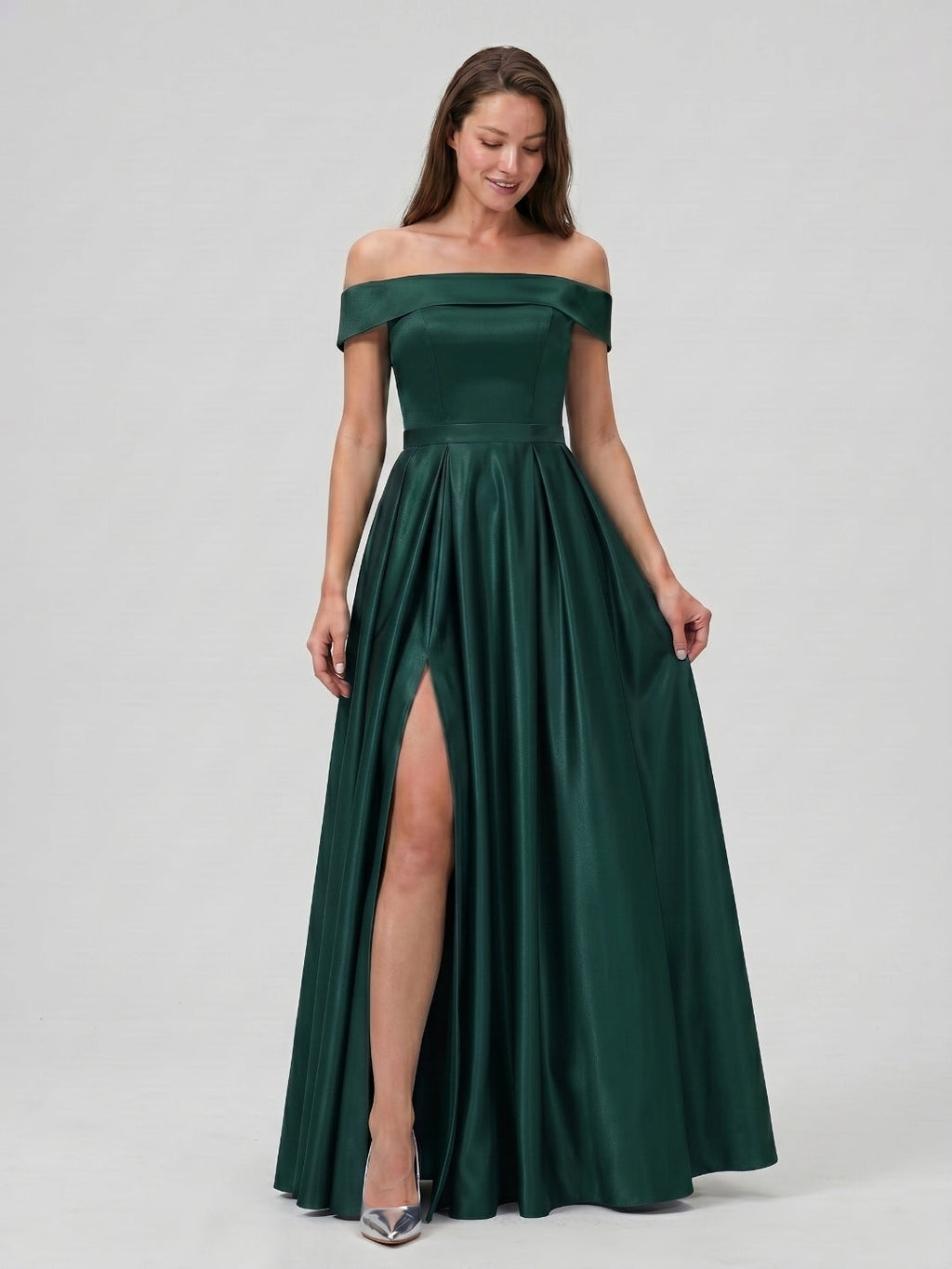 Forest Green Satin A-Line Off-the-Shoulder Back Zip Floor-Length Bridesmaid Dress with Pleating - Curvevia
