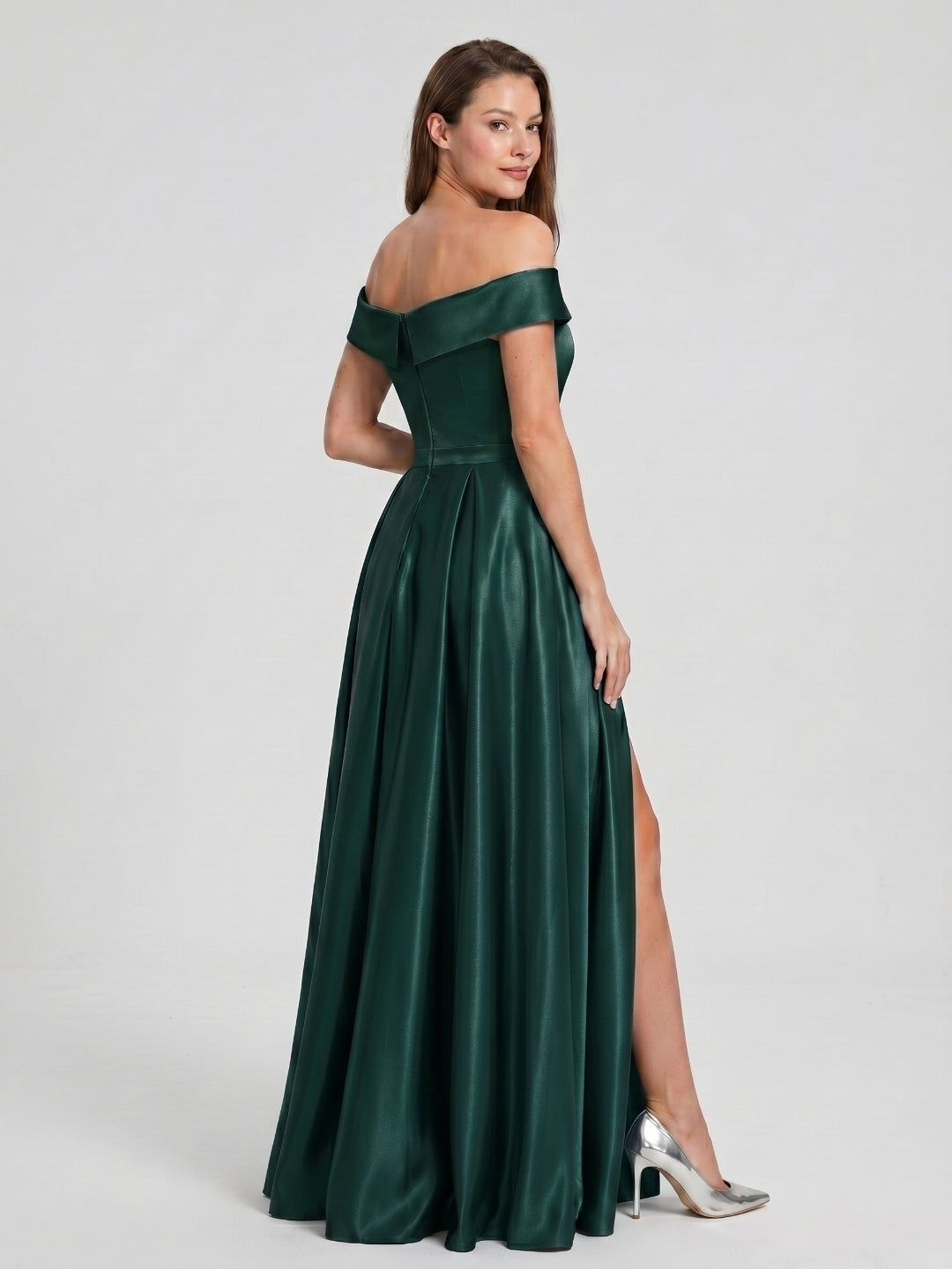 Forest Green Satin A-Line Off-the-Shoulder Back Zip Floor-Length Bridesmaid Dress with Pleating - Curvevia