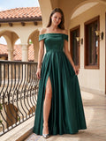 Forest Green Satin A-Line Off-the-Shoulder Back Zip Floor-Length Bridesmaid Dress with Pleating - Curvevia