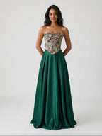 Forest Green Satin A-Line Straight Neck Lace-Up Back Floor-Length Dress with Pleating - Curvevia