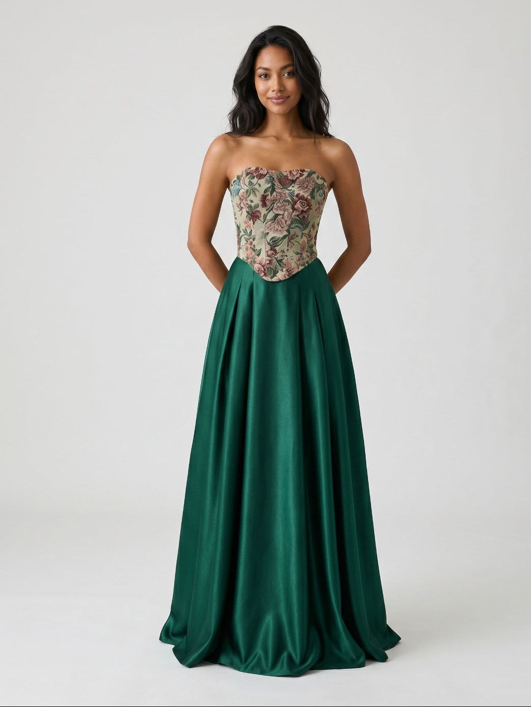 Forest Green Satin A-Line Straight Neck Lace-Up Back Floor-Length Dress with Pleating - Curvevia