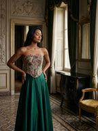 Forest Green Satin A-Line Straight Neck Lace-Up Back Floor-Length Dress with Pleating - Curvevia