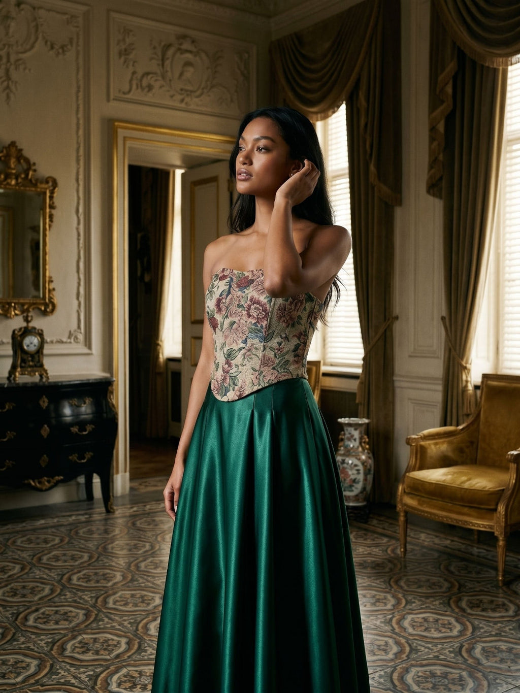 Forest Green Satin A-Line Straight Neck Lace-Up Back Floor-Length Dress with Pleating - Curvevia