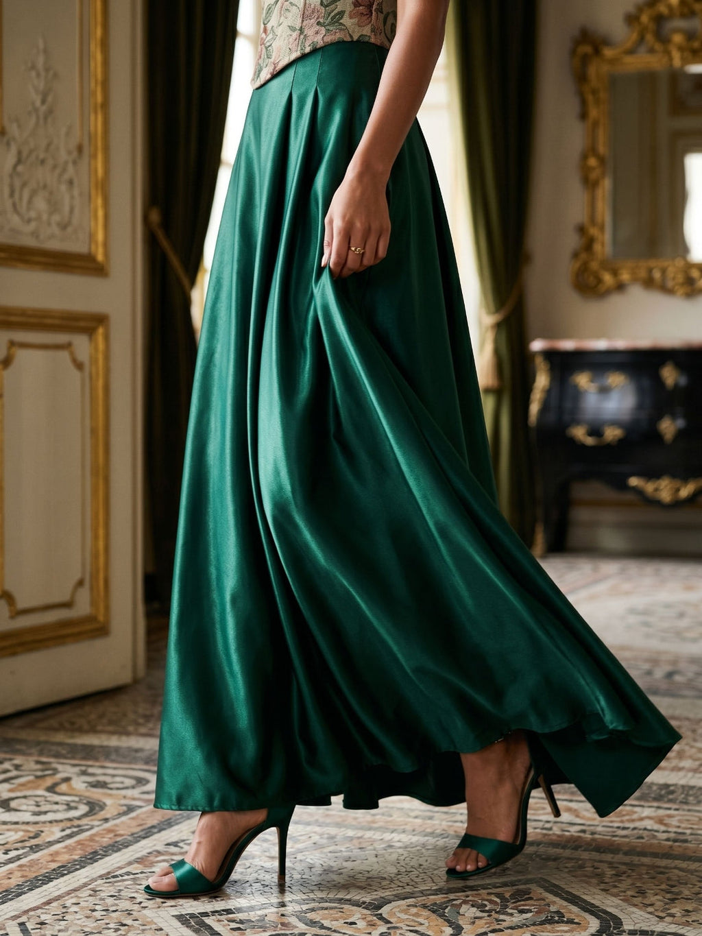 Forest Green Satin A-Line Straight Neck Lace-Up Back Floor-Length Dress with Pleating - Curvevia