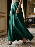 Forest Green Satin A-Line Straight Neck Lace-Up Back Floor-Length Dress with Pleating - Curvevia