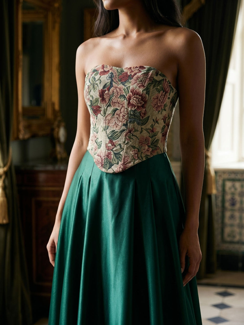 Forest Green Satin A-Line Straight Neck Lace-Up Back Floor-Length Dress with Pleating - Curvevia