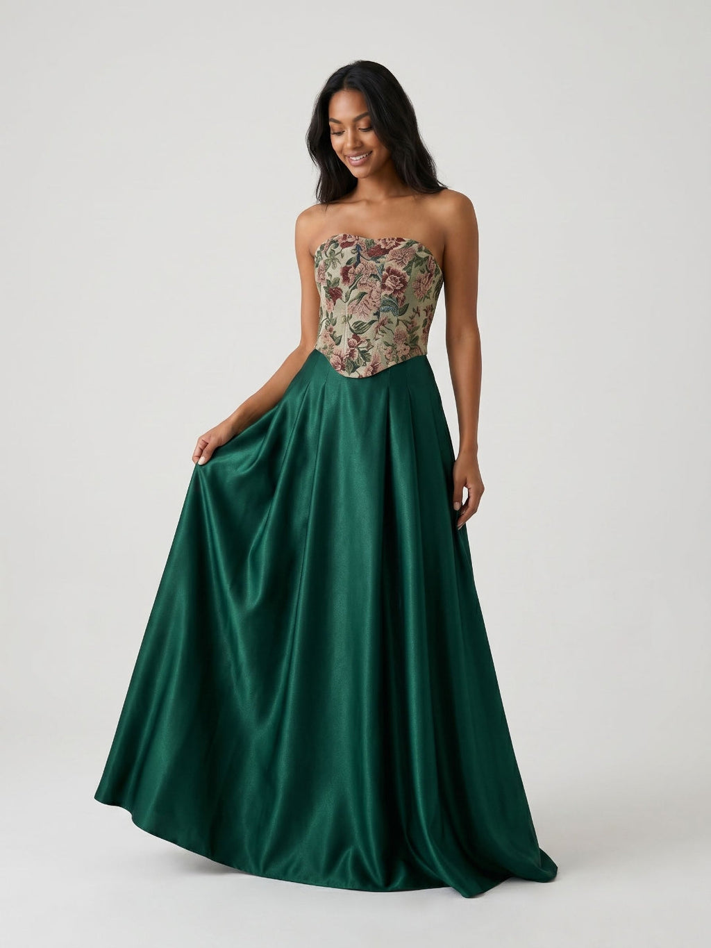 Forest Green Satin A-Line Straight Neck Lace-Up Back Floor-Length Dress with Pleating - Curvevia