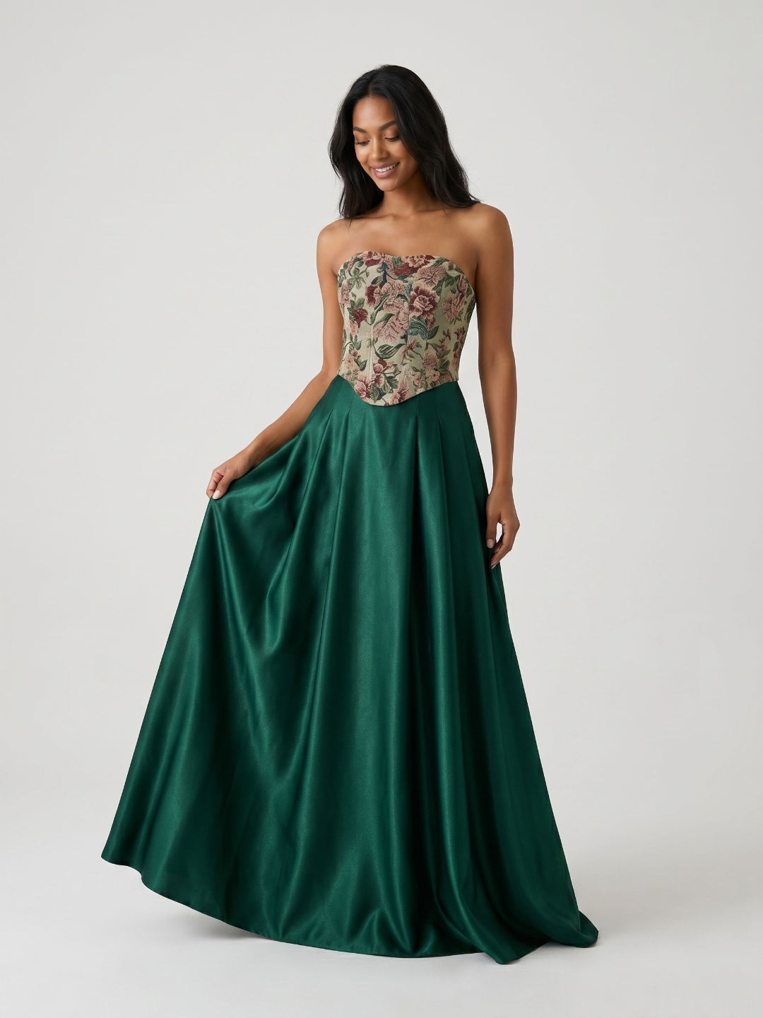 Forest Green Satin A-Line Straight Neck Lace-Up Back Floor-Length Dress with Pleating - Curvevia