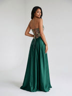 Forest Green Satin A-Line Straight Neck Lace-Up Back Floor-Length Dress with Pleating - Curvevia