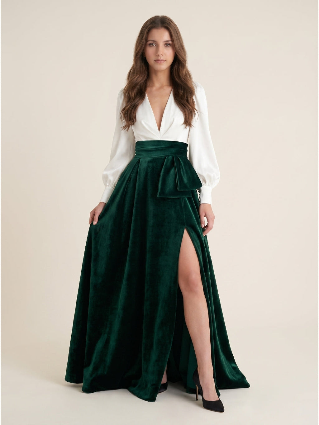 Forest Green Velvet A-Line V-Neck Floor-Length Evening Gown with Pleats - Curvevia